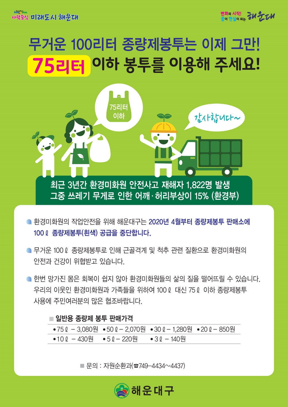 해운대구, 100리터 종량제봉투 제작 중단