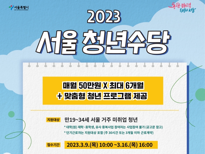 '23년 서울 청년수당 1차 1만 5000명 모집… 9일부터 접수