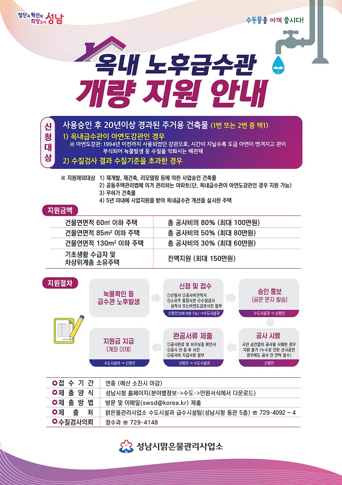 성남시, 가정 내 ‘녹물 수도관’ 교체에 최대 150만원 지원