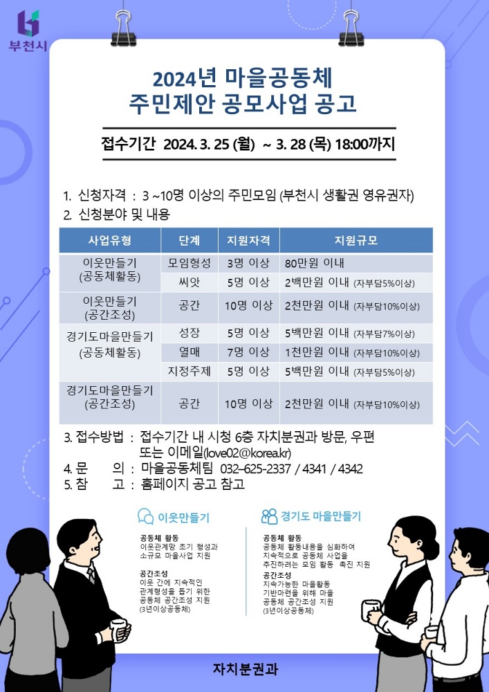 부천시, ‘2024년 마을공동체 주민제안 공모사업’ 참여자 모집