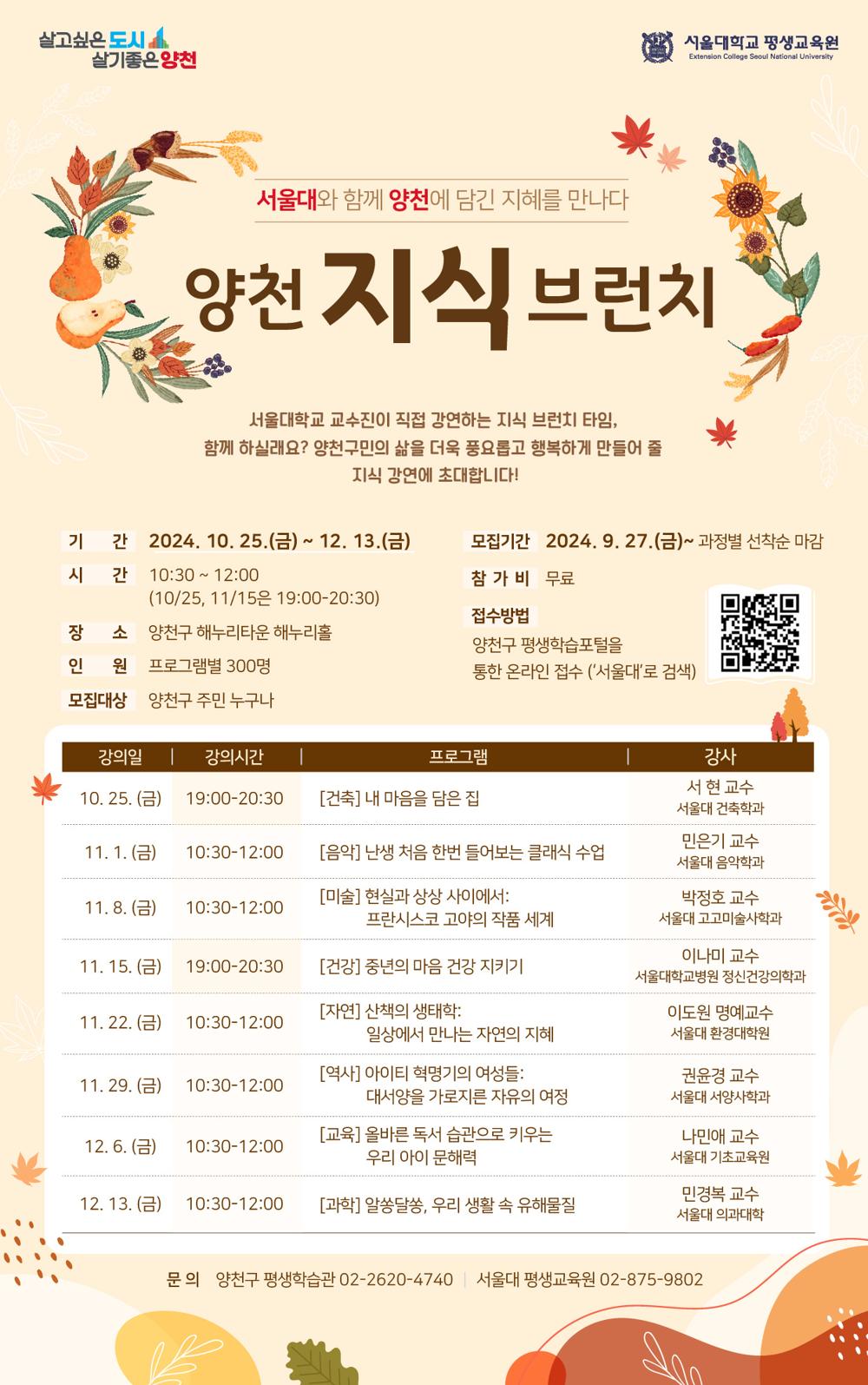 양천구, 서울대 교수진 고품격 평생학습특강 '양천 지식브런치' 운영