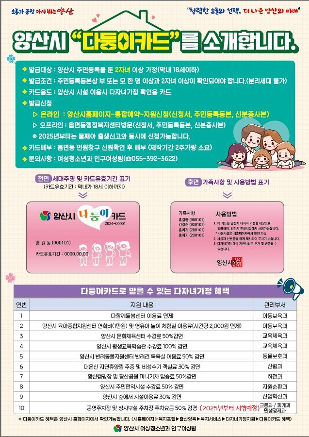 양산시, 다자녀가구 지원 '다둥이카드' 발급