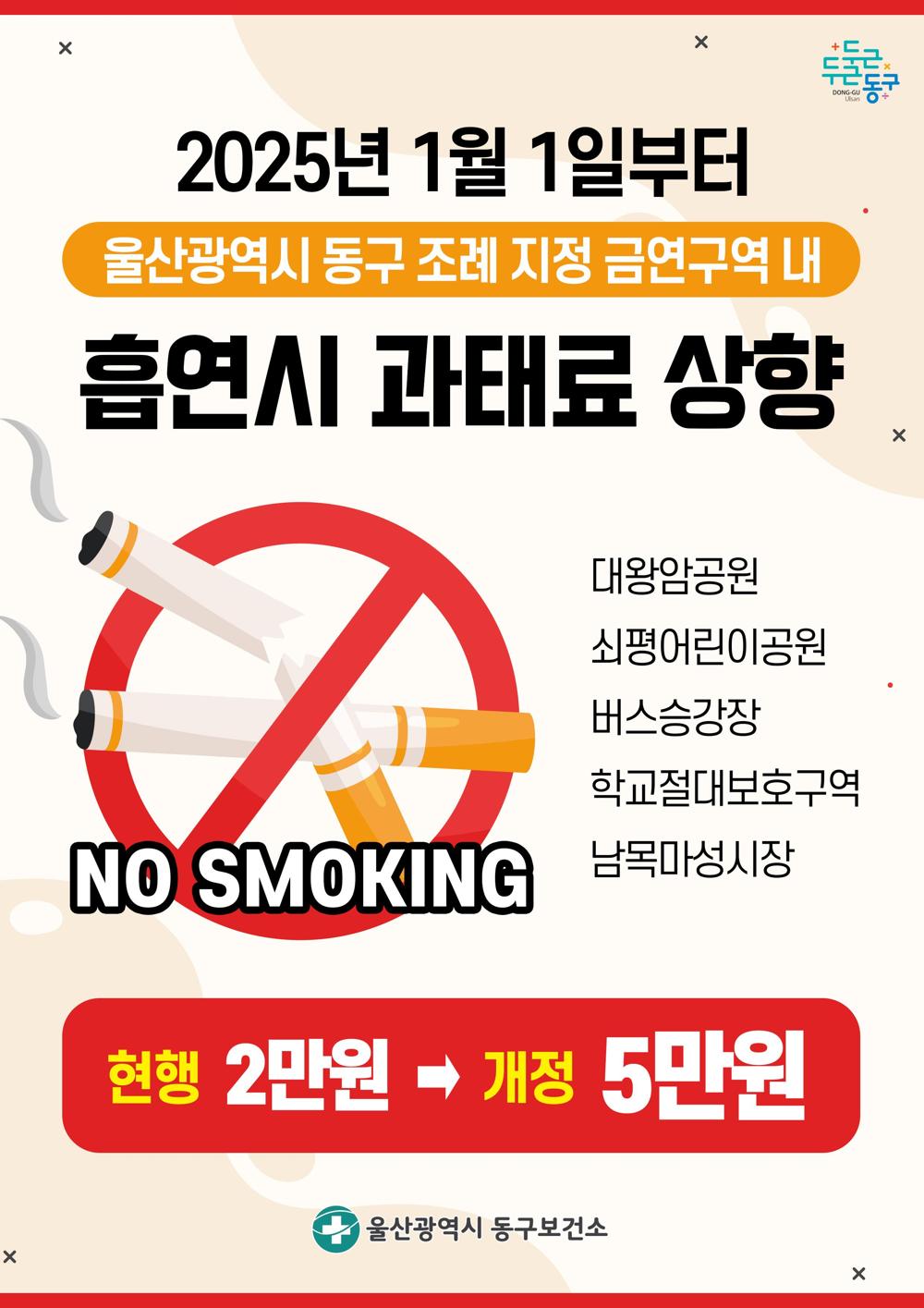 동구, 지자체 지정 금연구역에서 흡연 시 2025년 1월 1일부터 5만원 부과