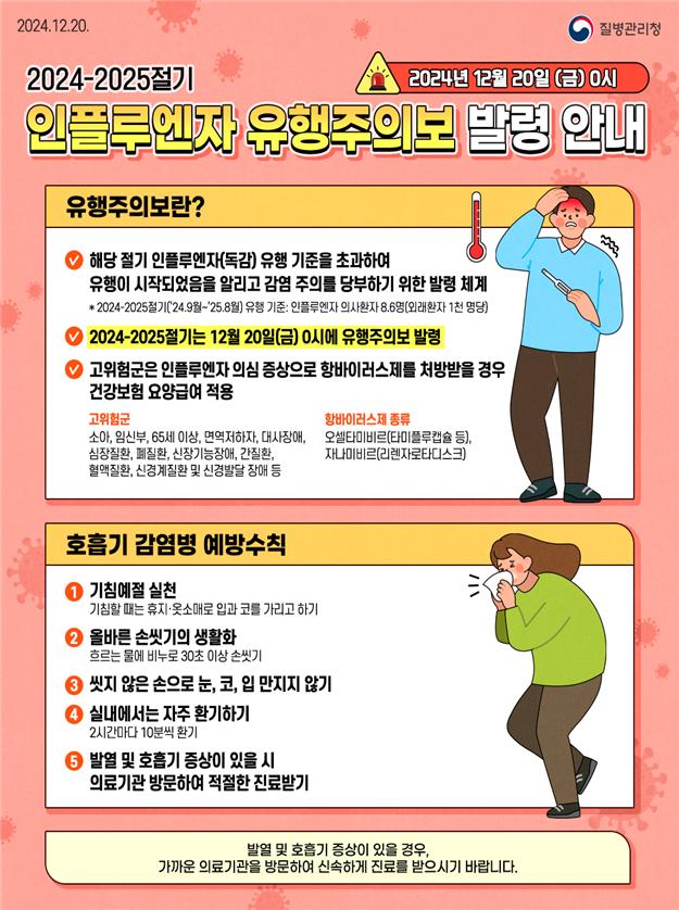 강릉시, 인플루엔자 유행주의보에 따른 예방접종·예방수칙 준수 당부