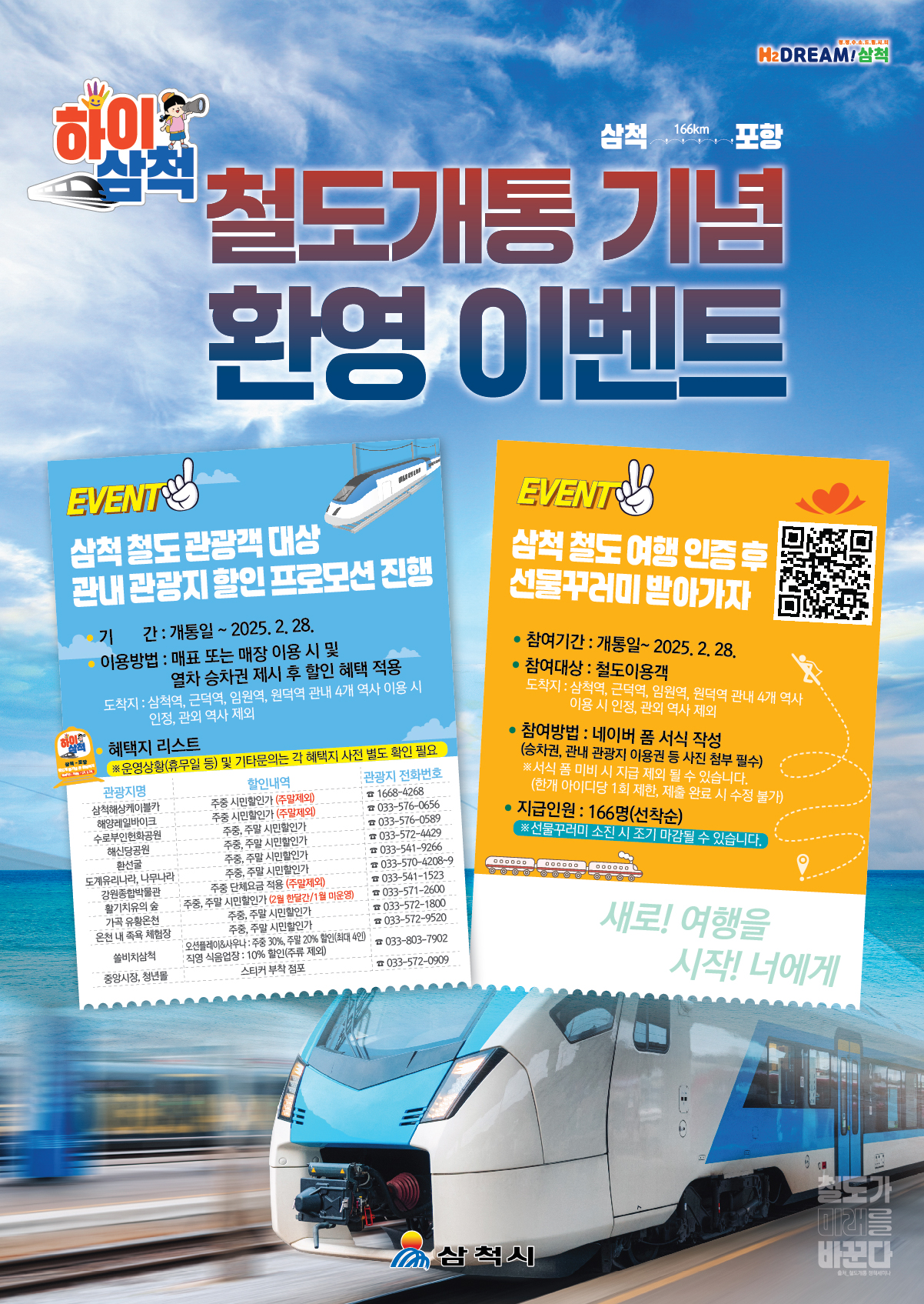 삼척시, 삼척 철도 관광객 대상 주요 관광지 할인 프로모션 및 선물 꾸러미 지급 환영 이벤트 진행