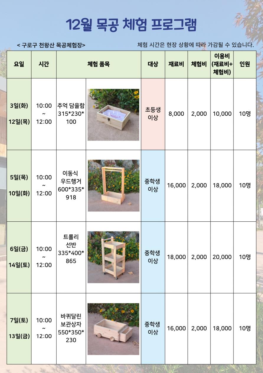 구로구, 천왕산 목공체험장 12월 프로그램 참여자 모집