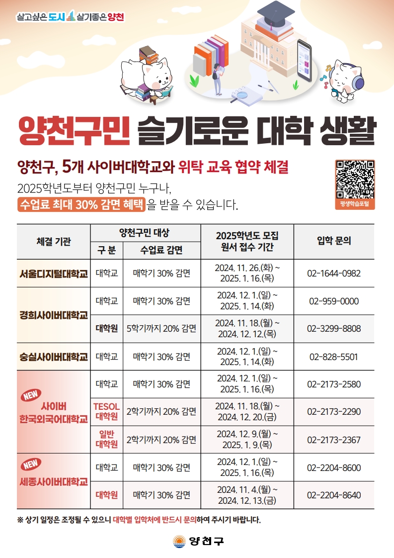 양천구, 2025년 5개 사이버 대학교 수업료 30% 감면 지원
