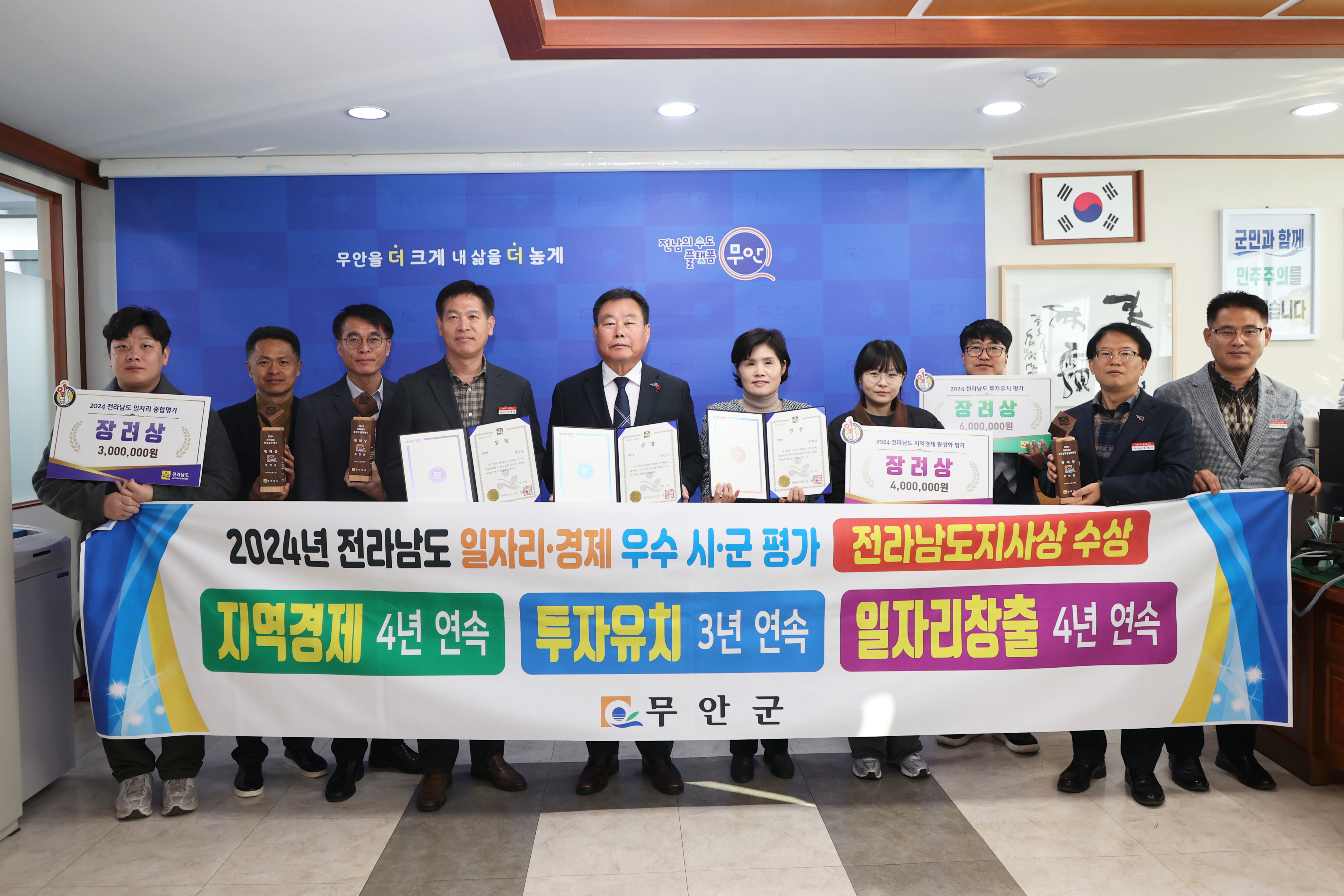 무안군, 전남 일자리․경제 한마당 3개 분야 표창 수상
- 지역경제·일자리 분야 4년 연속, 투자유치 3년 연속 수상 -