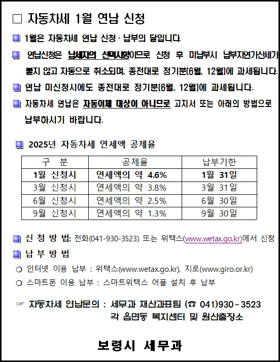 보령시, 1월 자동차세 연납 신청하면 4.6% 할인!