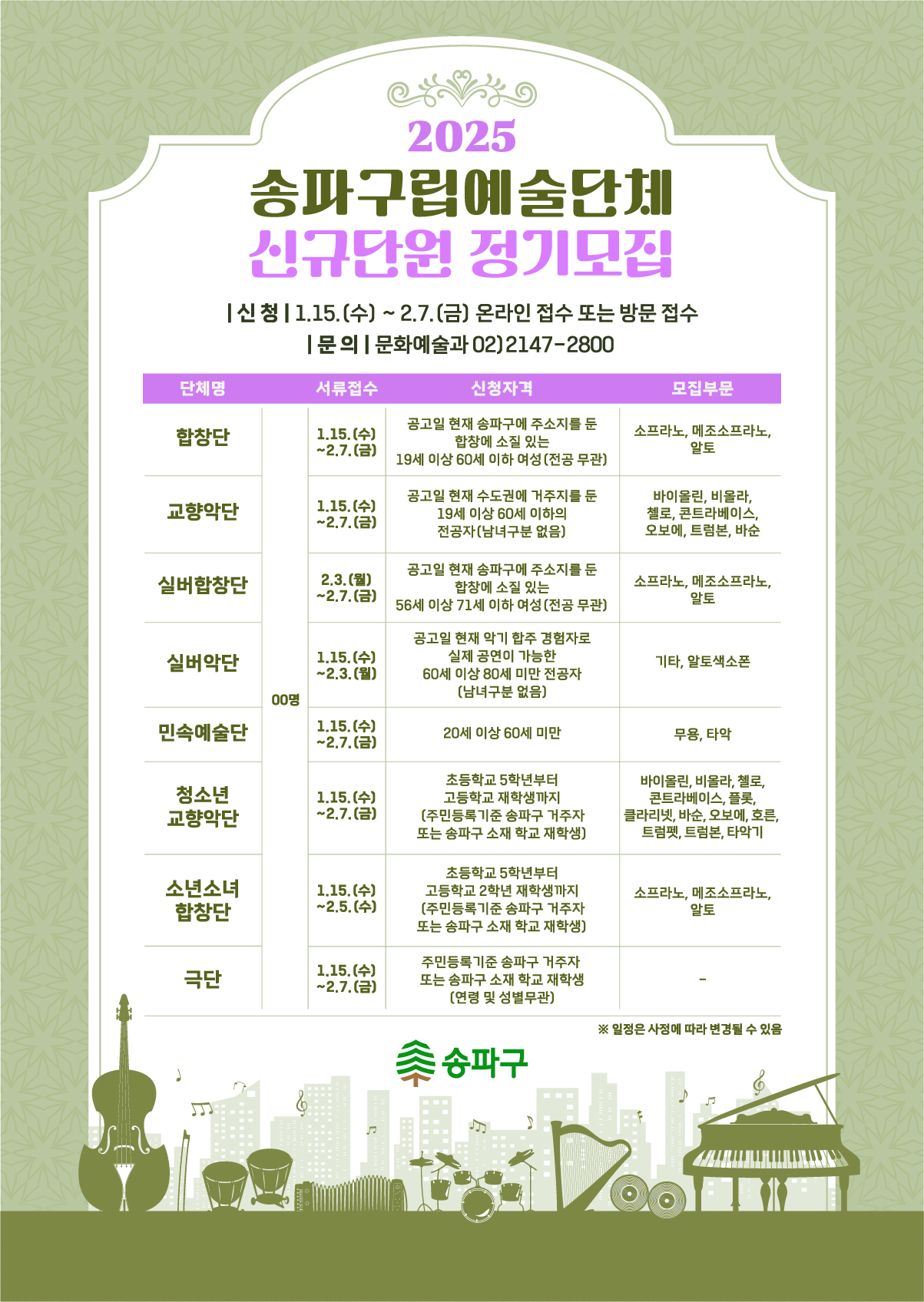 송파구 예술인 다 모여~ 구립문화예술단체 신규단원 모집