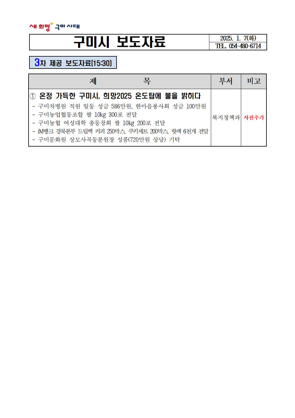 온정 가득한 구미시, 희망2025 온도탑에 불을 밝히다