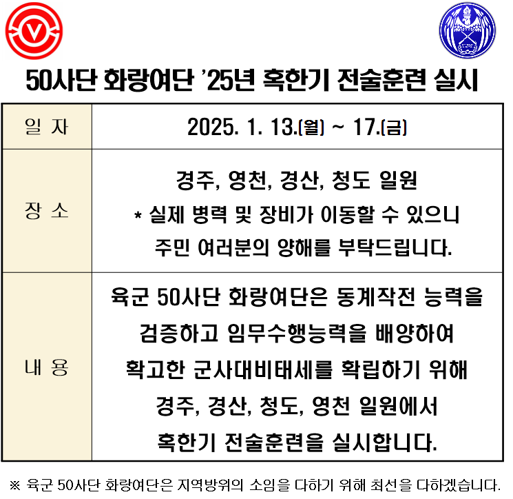 육군 50사단 화랑여단, 2025년 혹한기 전술훈련 실시