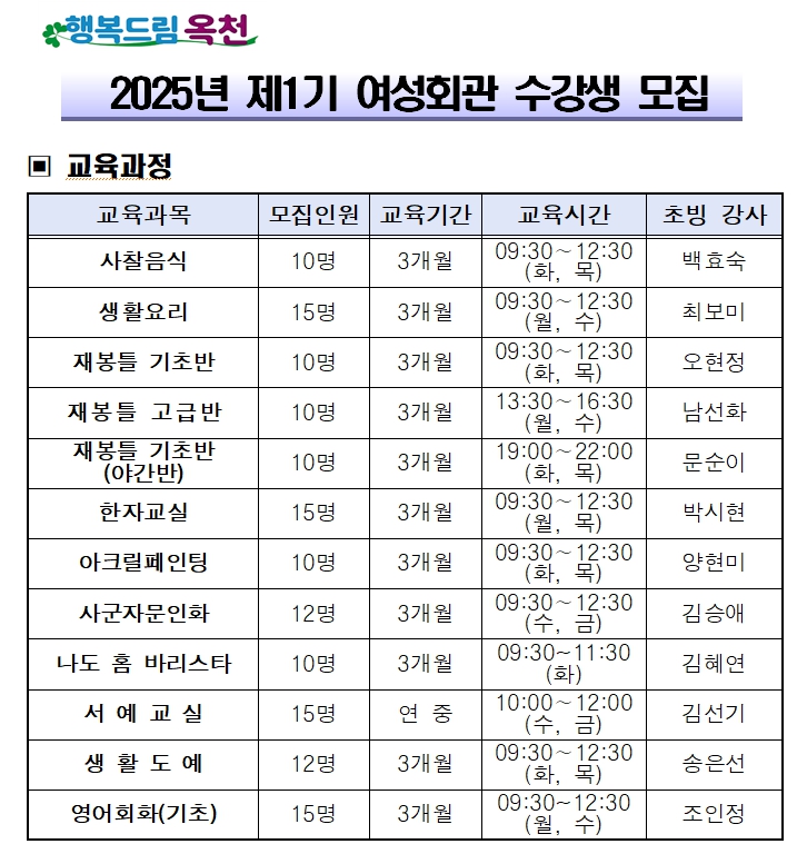 옥천군, 2025년 제1기 여성회관 기술⋅취미교육 수강생 모집
