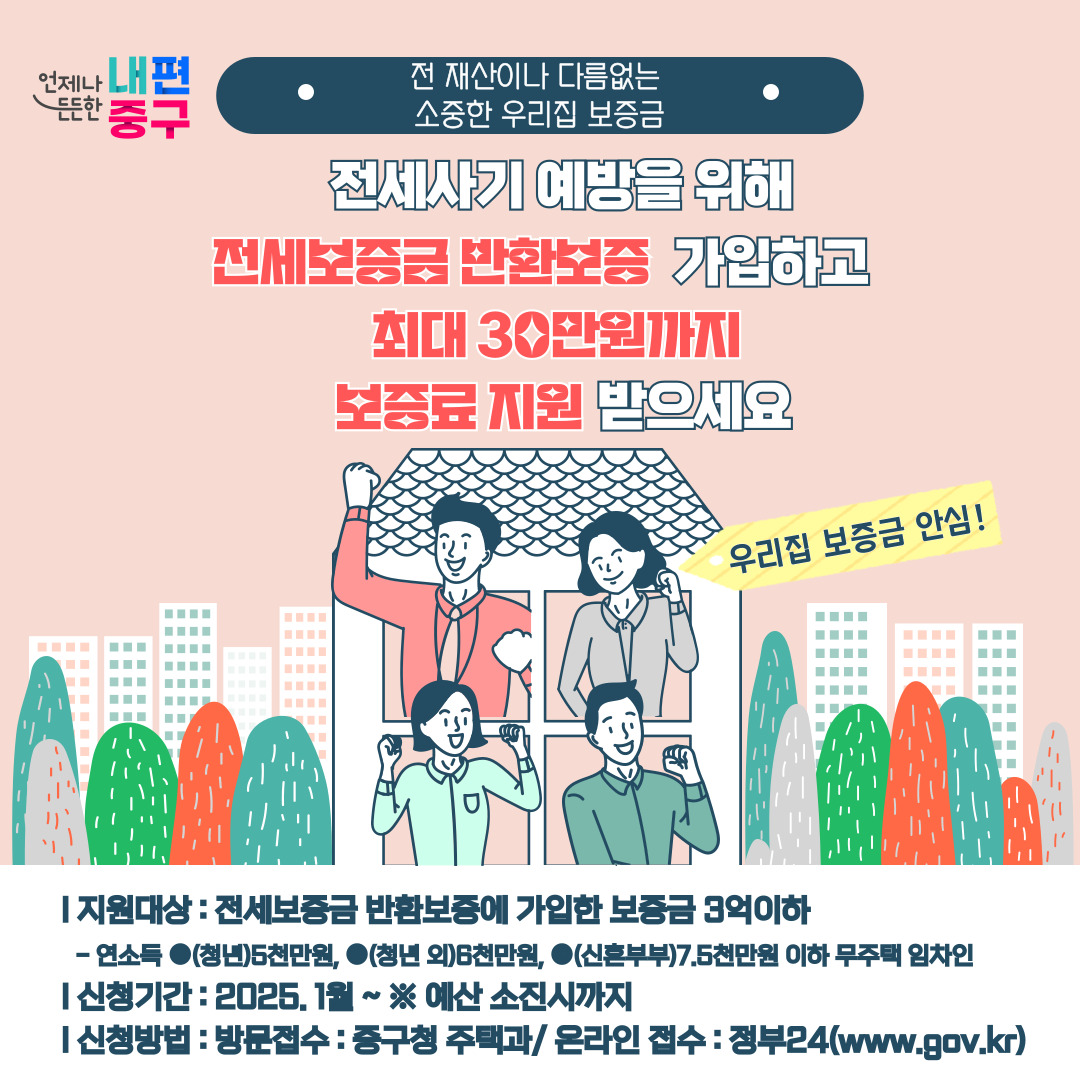 중구, 전세보증금반환보증 보증료 최대 30만 원 지원