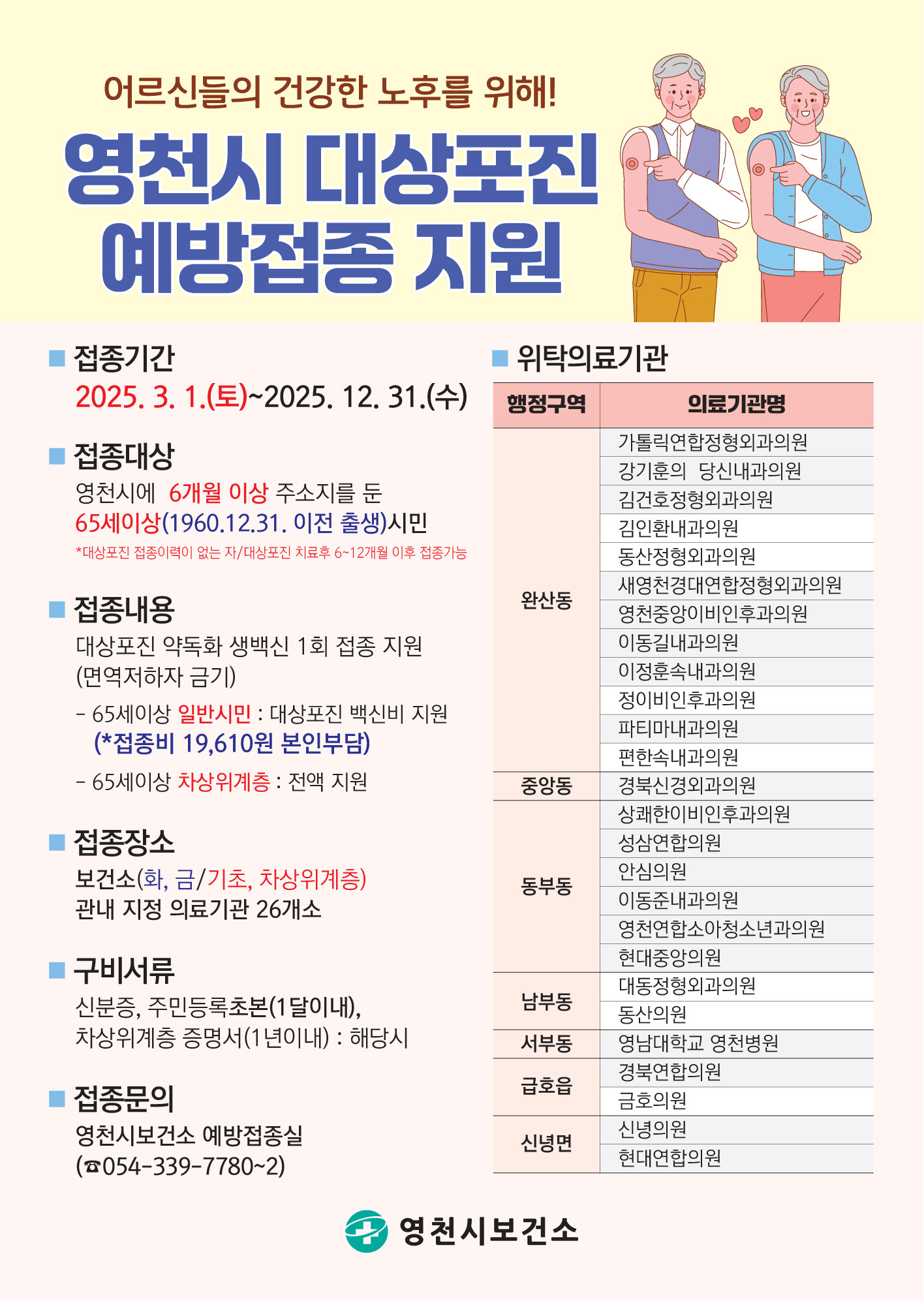 영천시, 65세 이상 어르신 대상포진 예방접종 지원