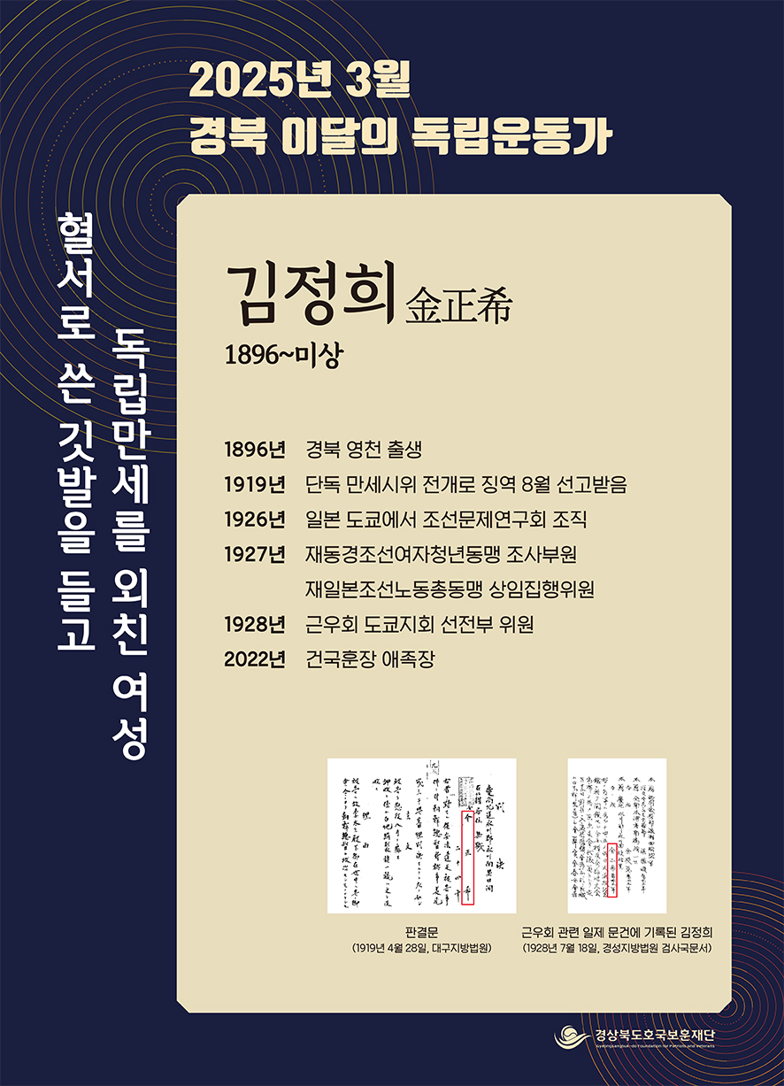 경북 3월의 독립운동가로 호국도시 영천의 김정희 선생 선정