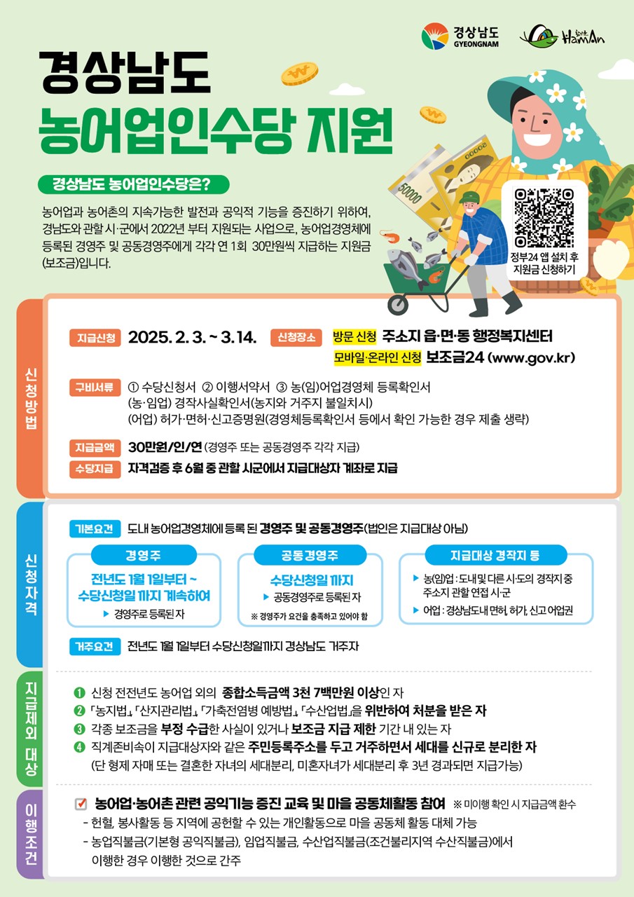 함안군, 농어업인수당 신청 접수… 내달 14일까지