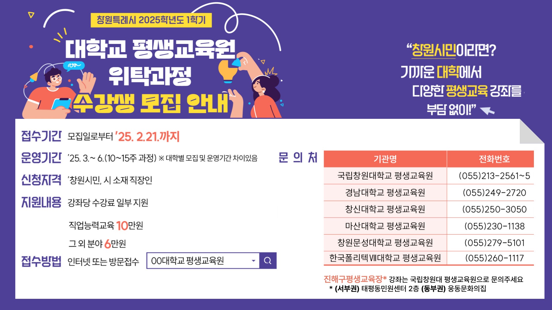 창원특례시, 2025년 1학기 대학교 평생교육원 수강생 모집