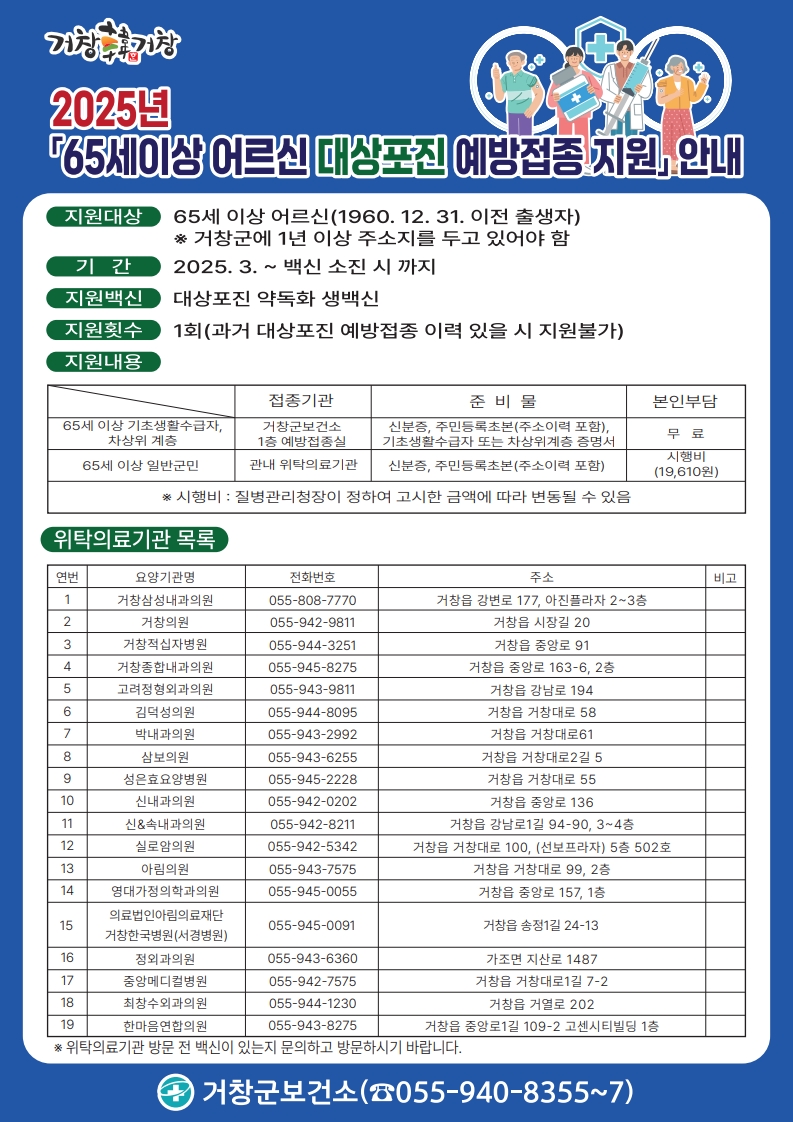 거창군, 65세 이상 어르신 대상포진 예방접종 지원 실시