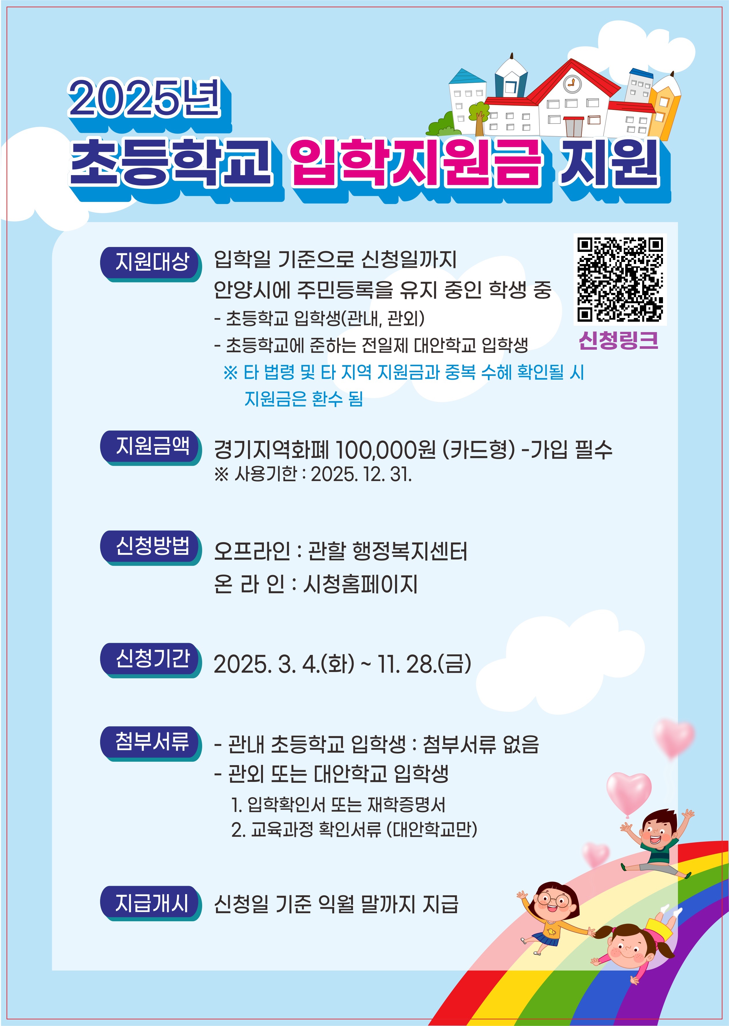 ‘새로운 시작 응원’ 안양시, 초등학교 입학지원금 10만원씩 지원
