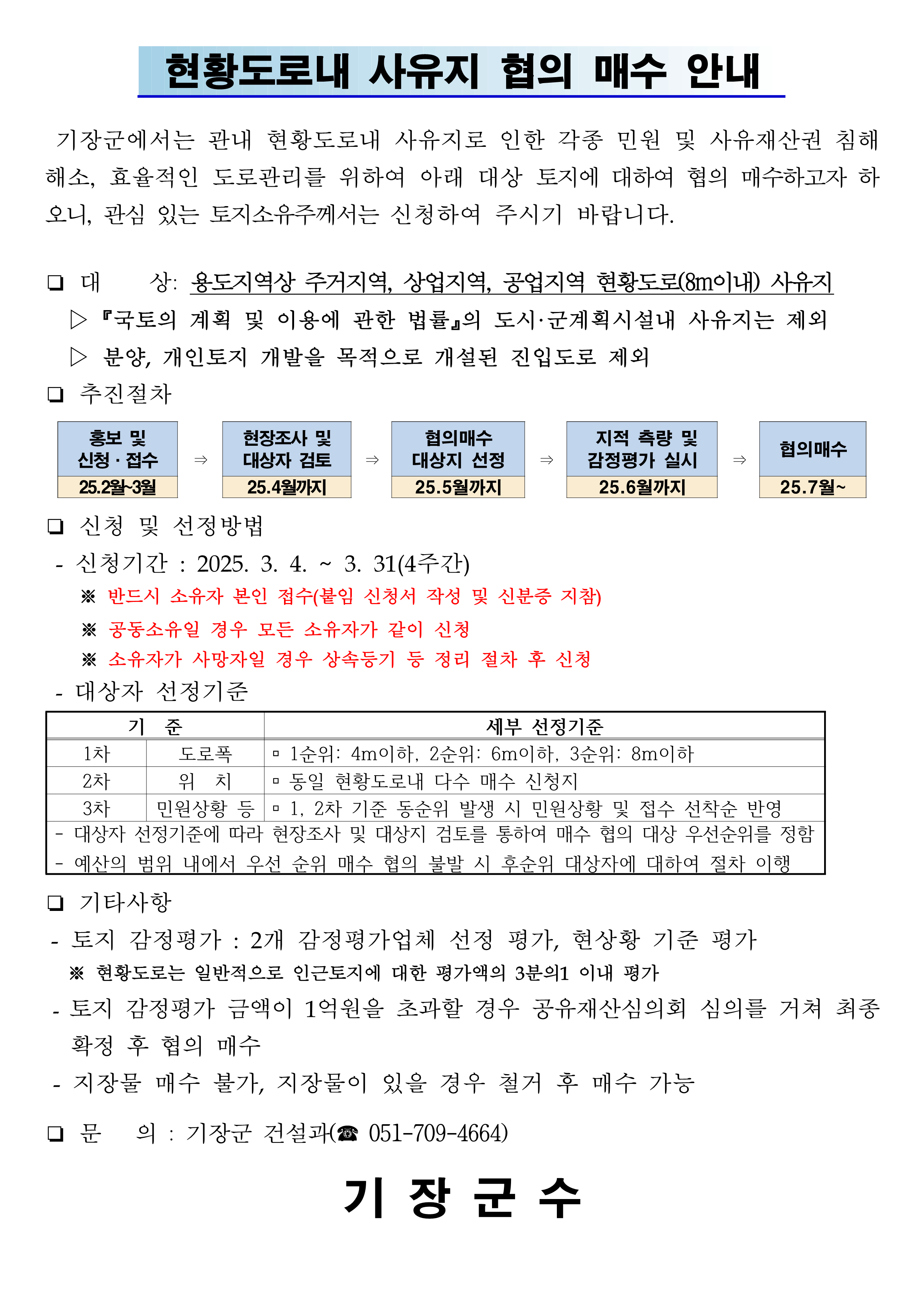 기장군, 현황도로 내 사유지 협의매수로 효율적인 도로 관리 나선다