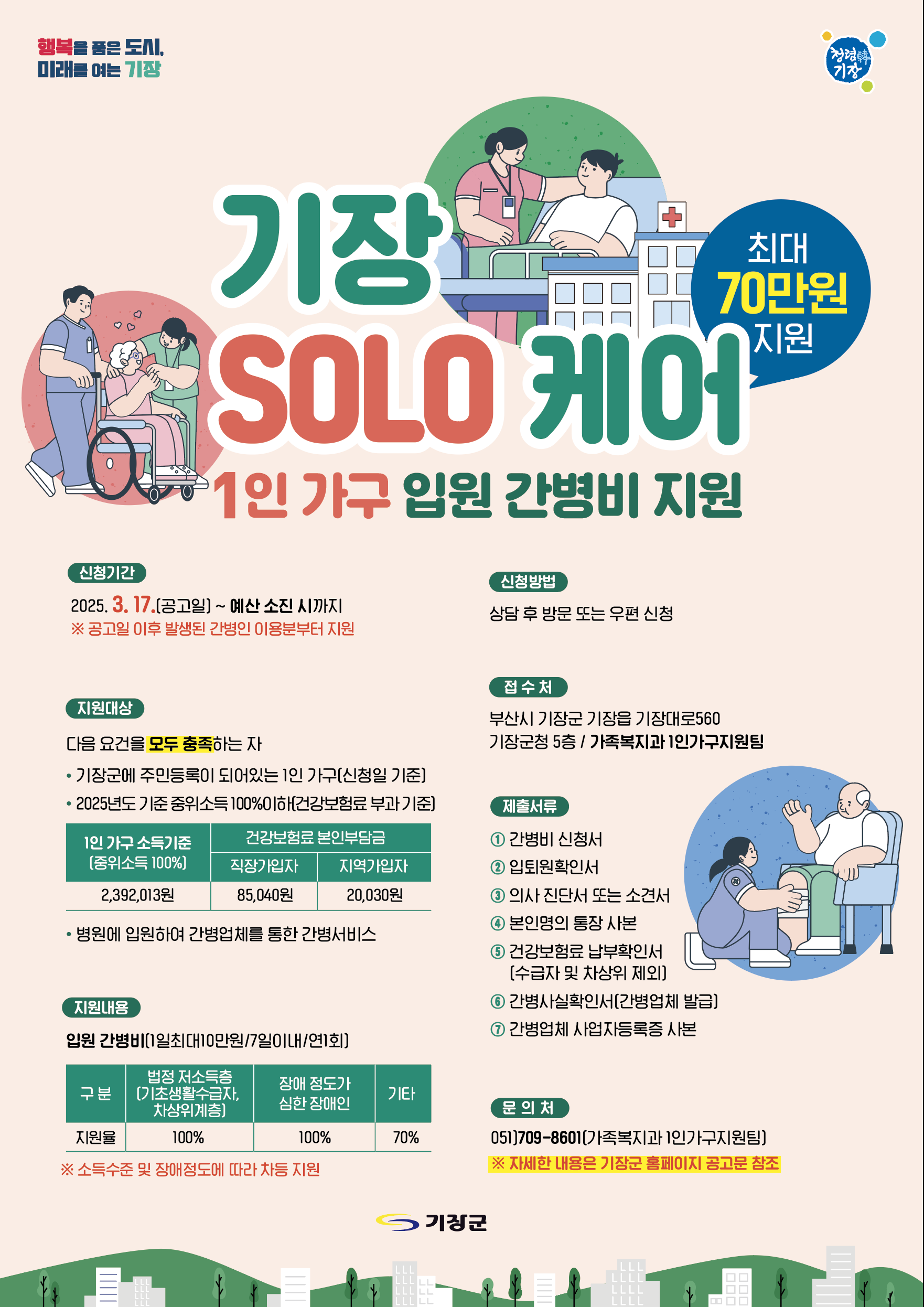 기장군, 돌봄 취약 1인 가구 대상 입원 간병비 지원… ‘기장SOLO케어’ 사업 추진
