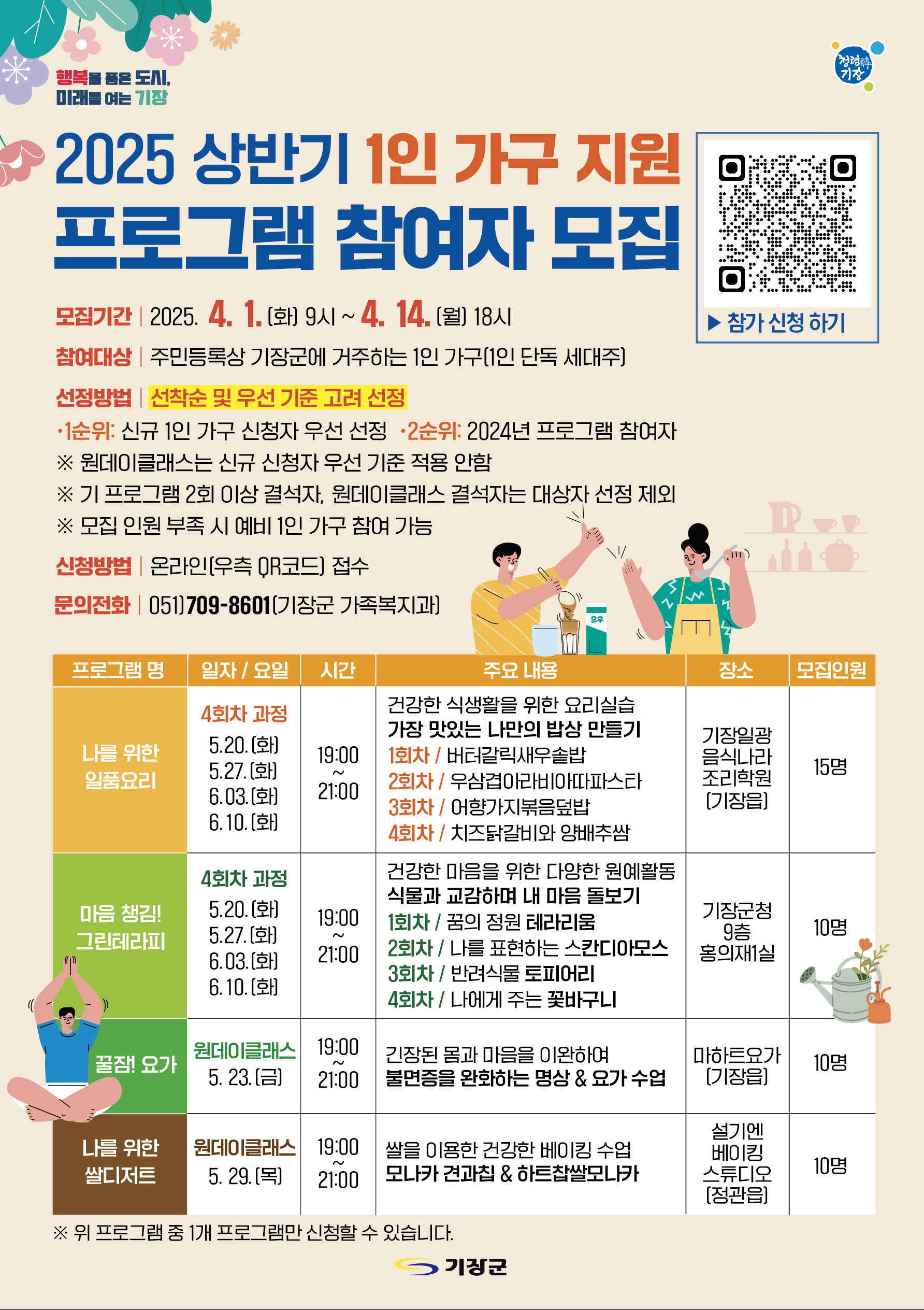 기장군, ‘상반기 1인 가구 지원 프로그램’ 참여자 모집…1인 가구 자립역량 강화한다