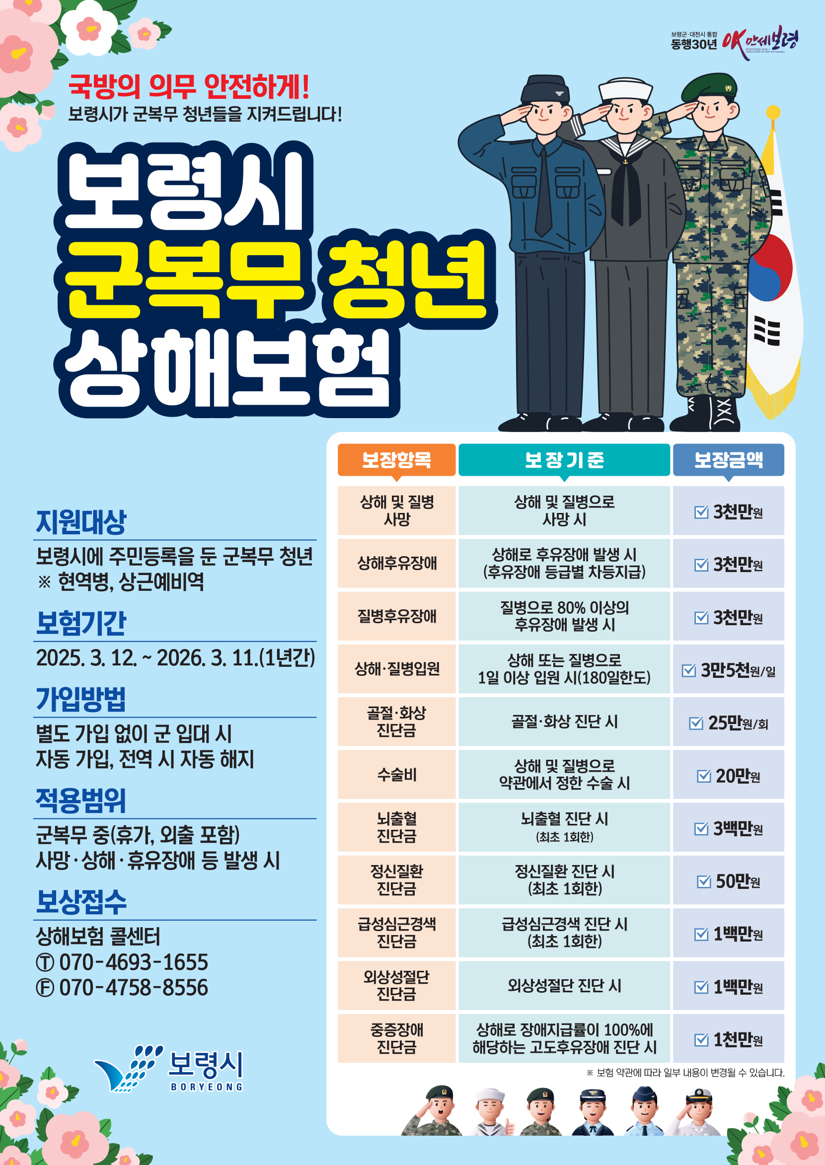 군대가도 안심! 보령시, 군 복무 청년 최대 3천만 원 보장 상해보험 가입