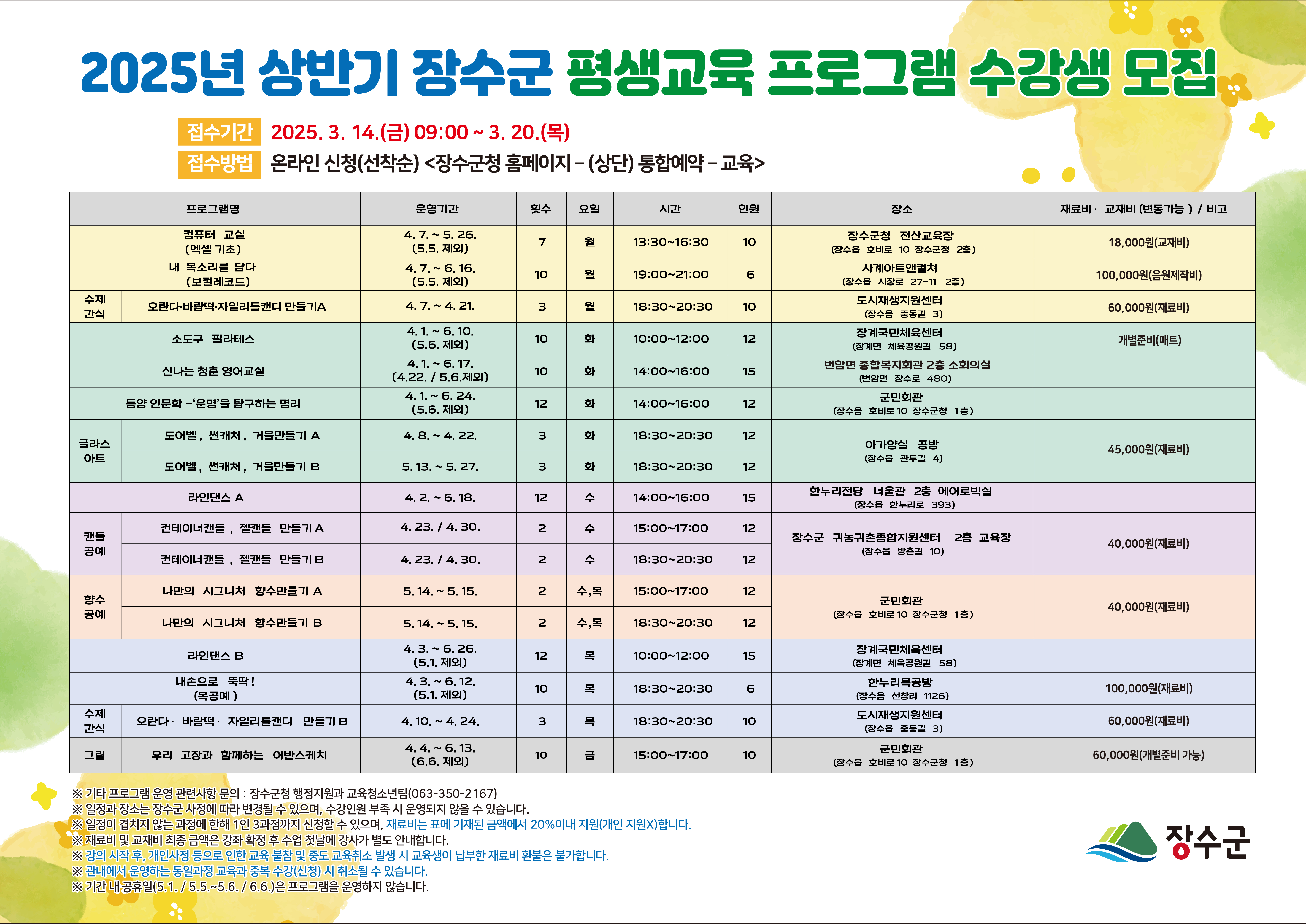 장수군, 2025년 상반기 평생교육 프로그램 수강생 선착순 모집