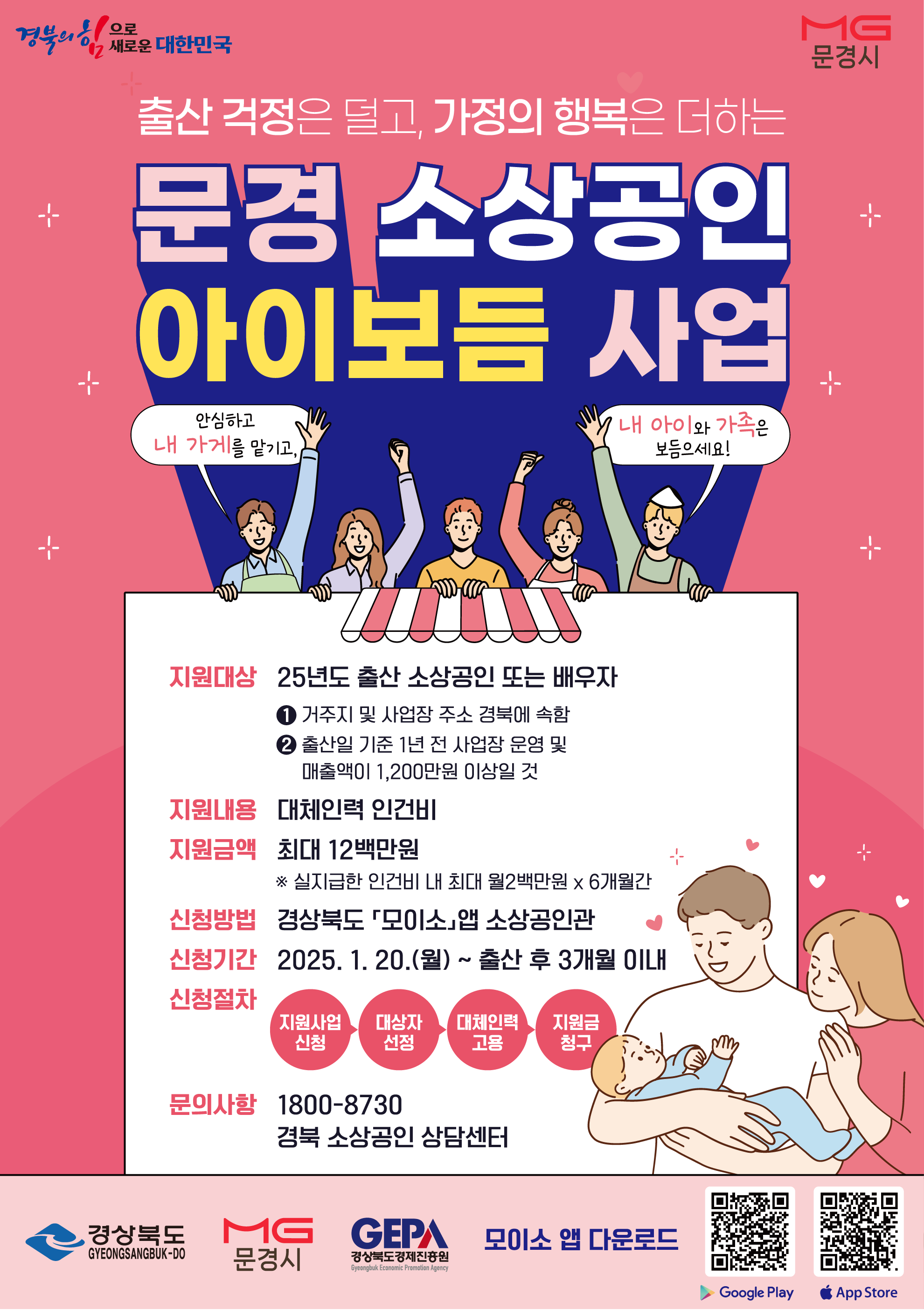 문경시, 소상공인 출산장려 ‘아이보듬 지원사업’ 시행…출산한 소상공인 대체인력 고용 시 최대 1200만원 지원