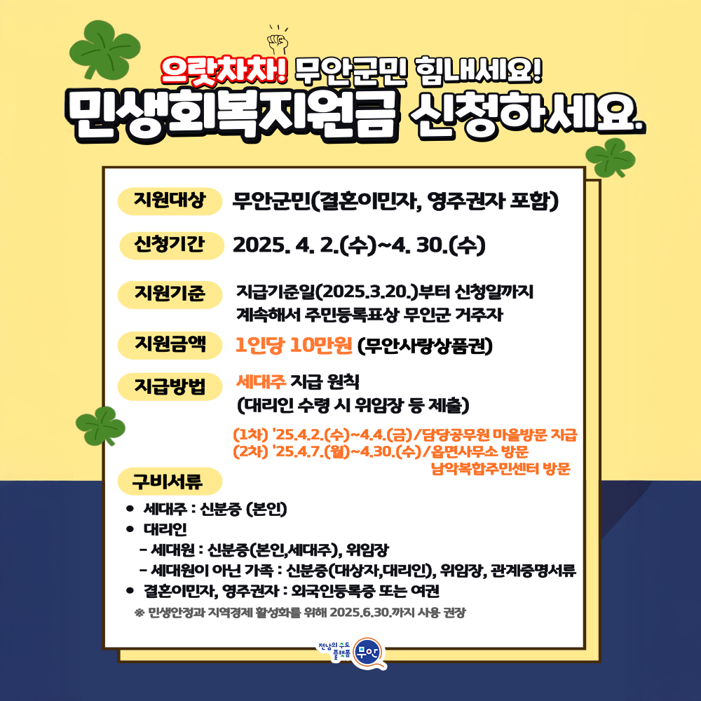 무안군, 민생회복지원금 4월 2일부터 지급