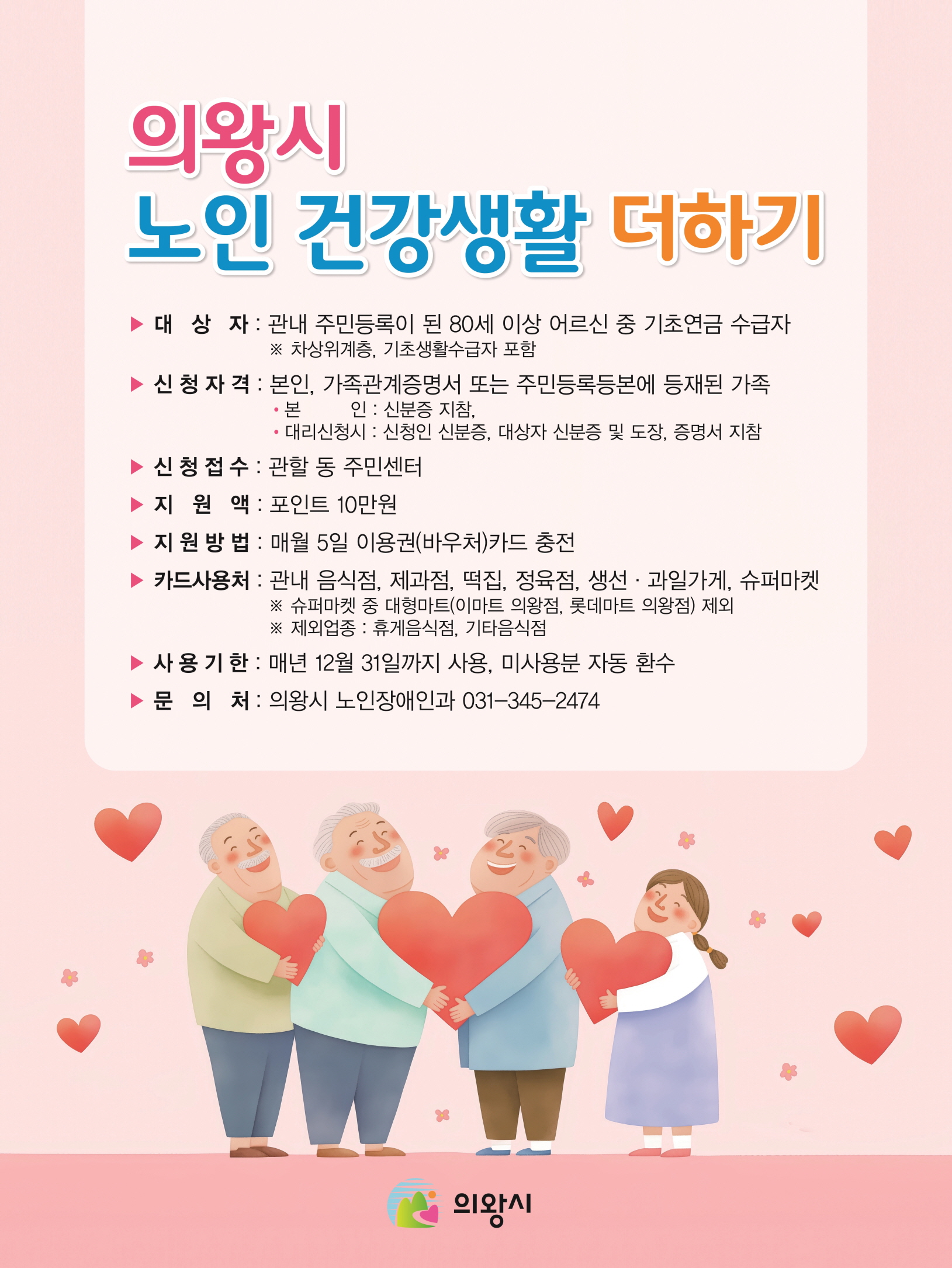 의왕시, 노인 건강생활 더하기 사업 사용처 확대
과일․생선가게, 슈퍼마켓(과일, 생선 판매)까지 확대