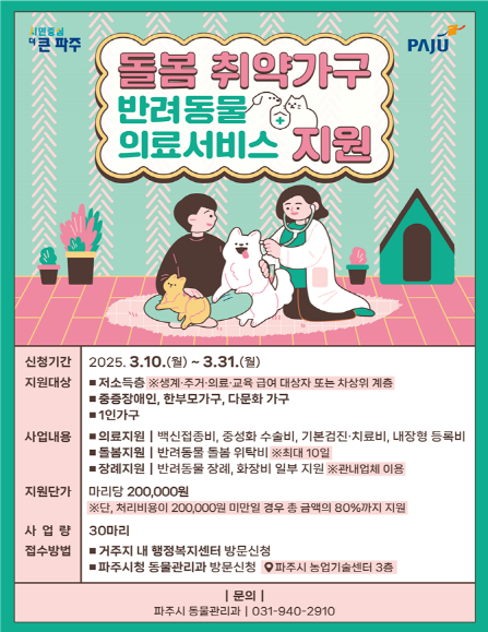 파주시, 돌봄 취약가구 반려동물 의료서비스 지원