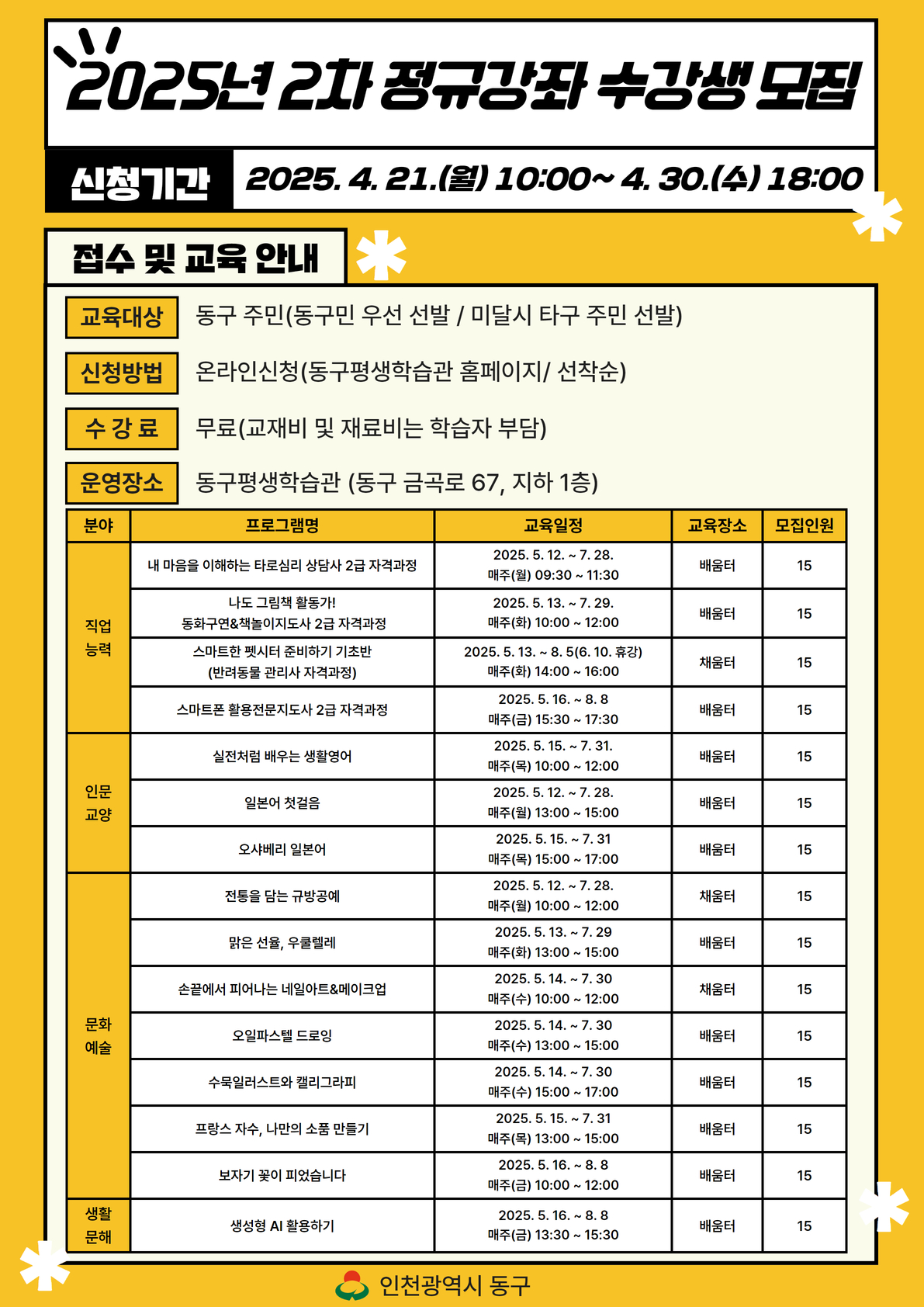 인천 동구 평생학습관, 2025년 2차 정규강좌 수강생 모집