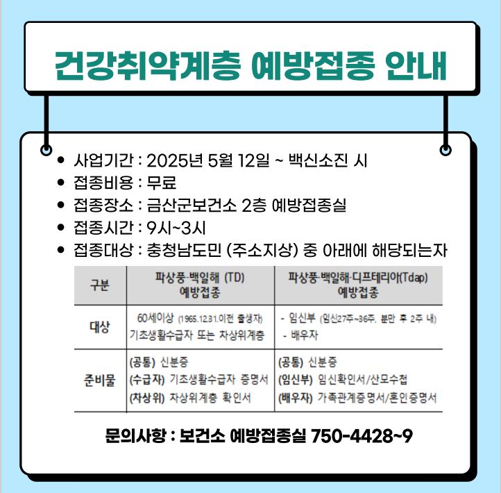 금산군, 건강취약계층 백일해·파상풍 예방접종 전개