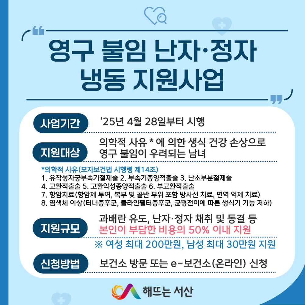서산시, 영구 불임 예상 난자·정자 냉동 지원
