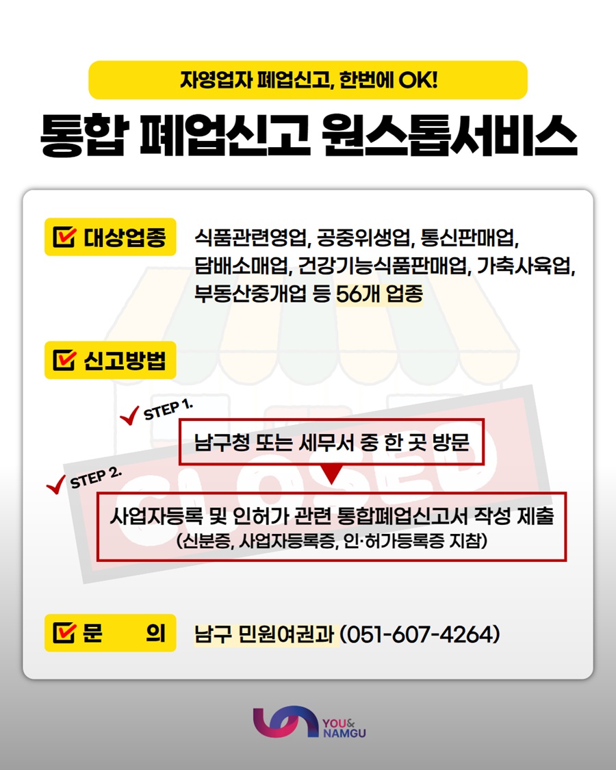 부산 남구, 자영업자 폐업 신고 한번에 OK, 통합 폐업 신고 원스톱 서비스 운영