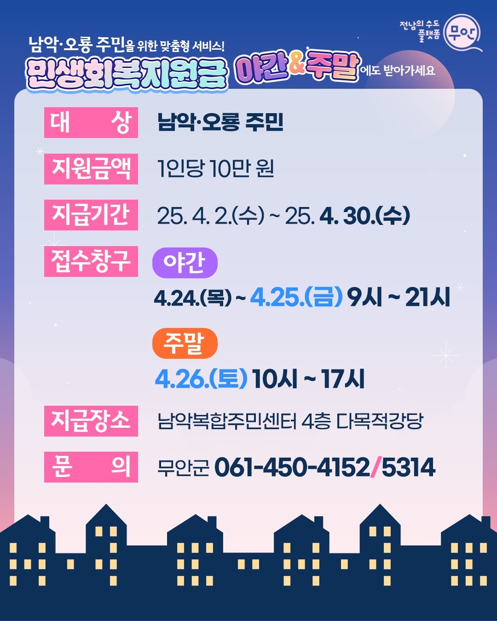 무안군, 남악·오룡 주민 대상 민생회복지원금 야간·주말 지급 창구 운영