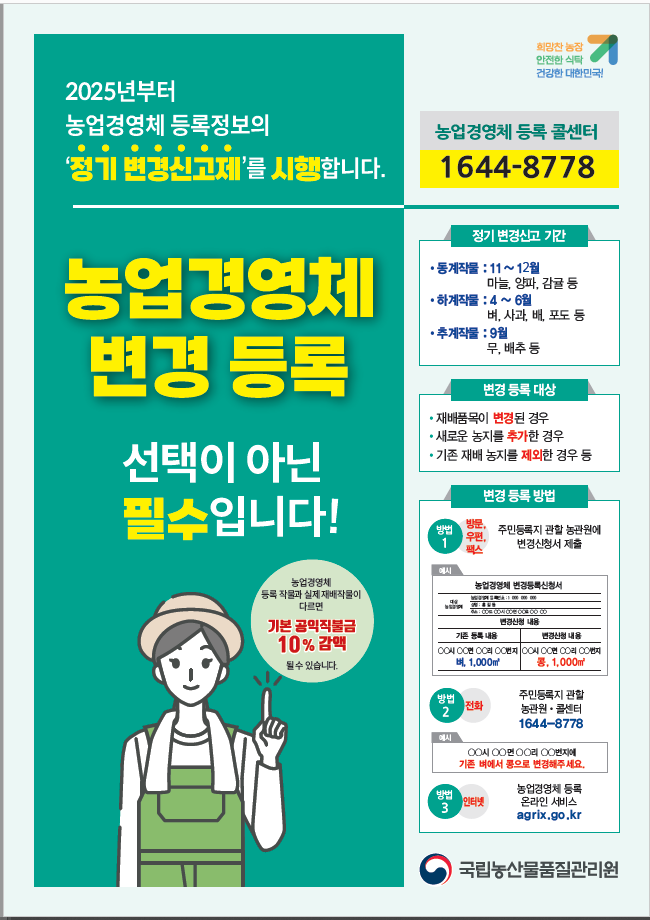 농업경영체 등록정보 바뀌면 “꼭” 변경신고 하세요!
6월까지 하계작물 정기 변경 신고제 본격 운영 중