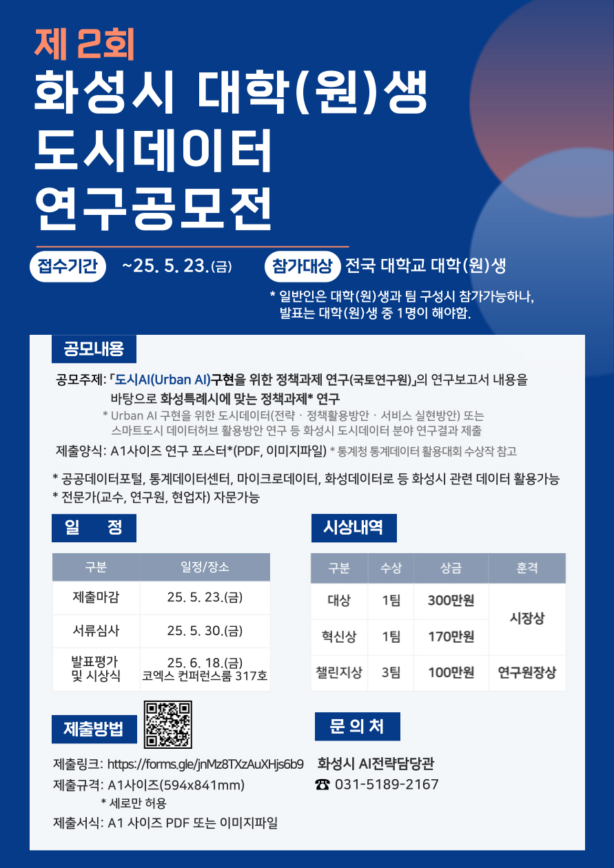 화성특례시, 대학(원)생 도시데이터 연구공모전 개최