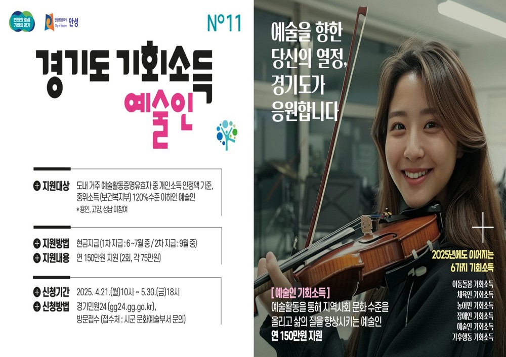 안성시, ‘경기도 예술인 기회소득’ 5월 30일까지 접수