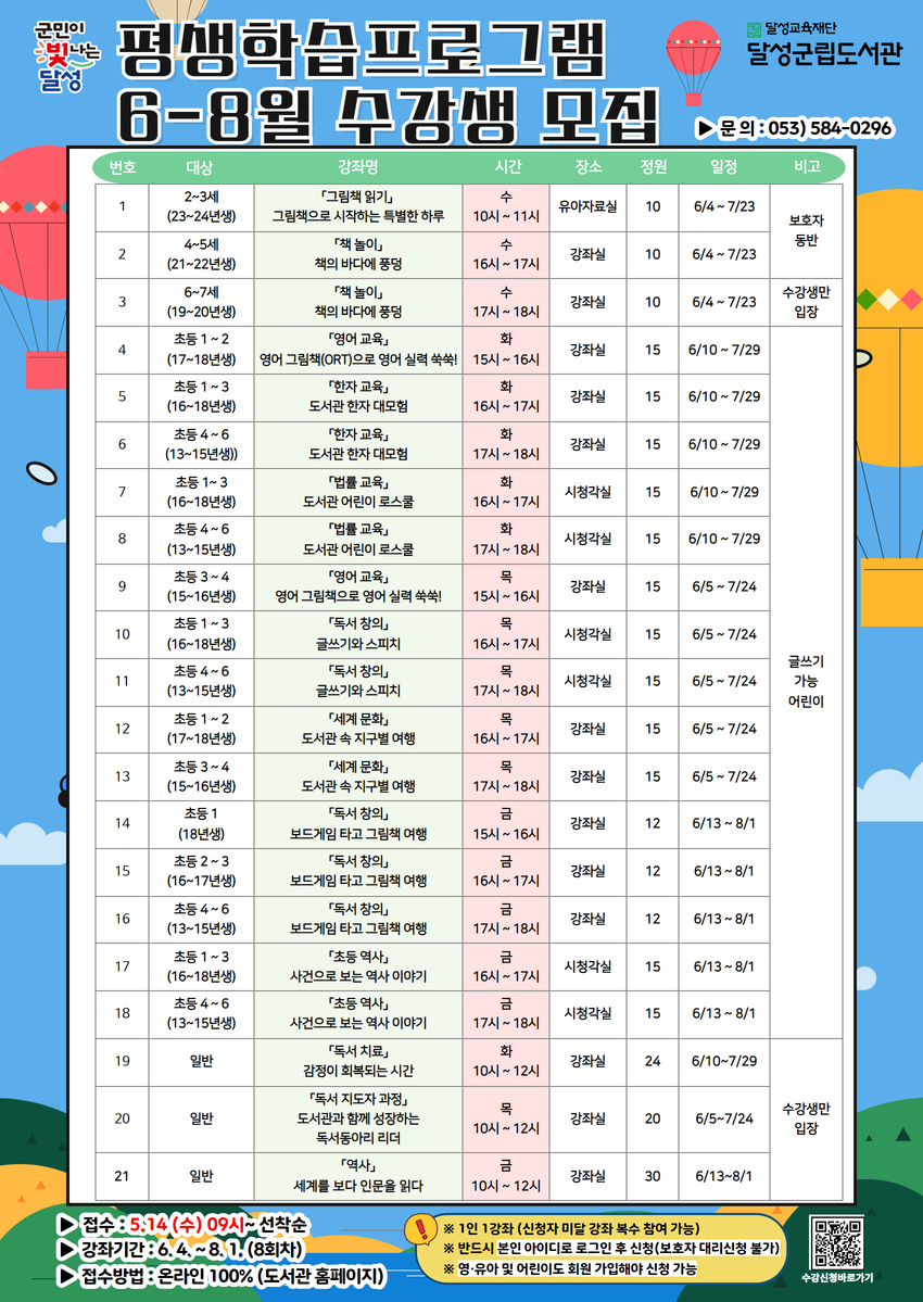 달성군립도서관, 평생학습 프로그램 2분기 수강생 모집
