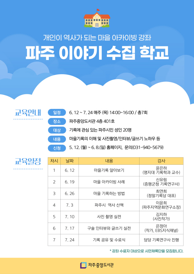 파주중앙도서관, 마을기록 강좌 ‘파주 이야기 수집 학교’ 운영