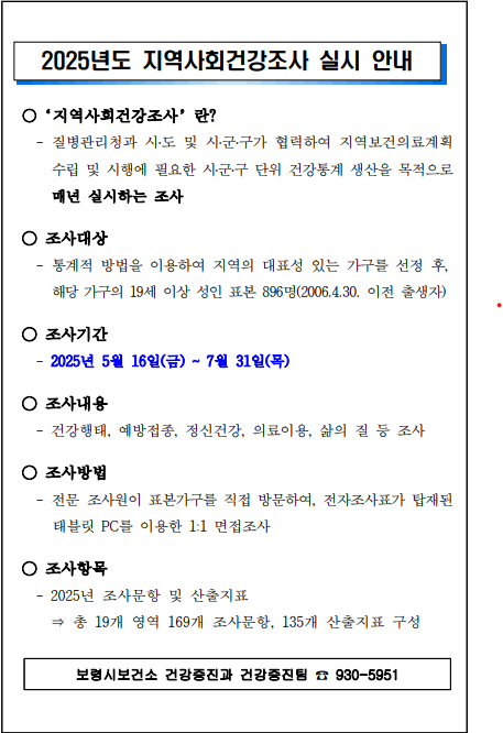 ‘함께하는 건강조사, 함께여는 건강내일’ 지역사회건강조사, 2025년 5월 16일부터 실시