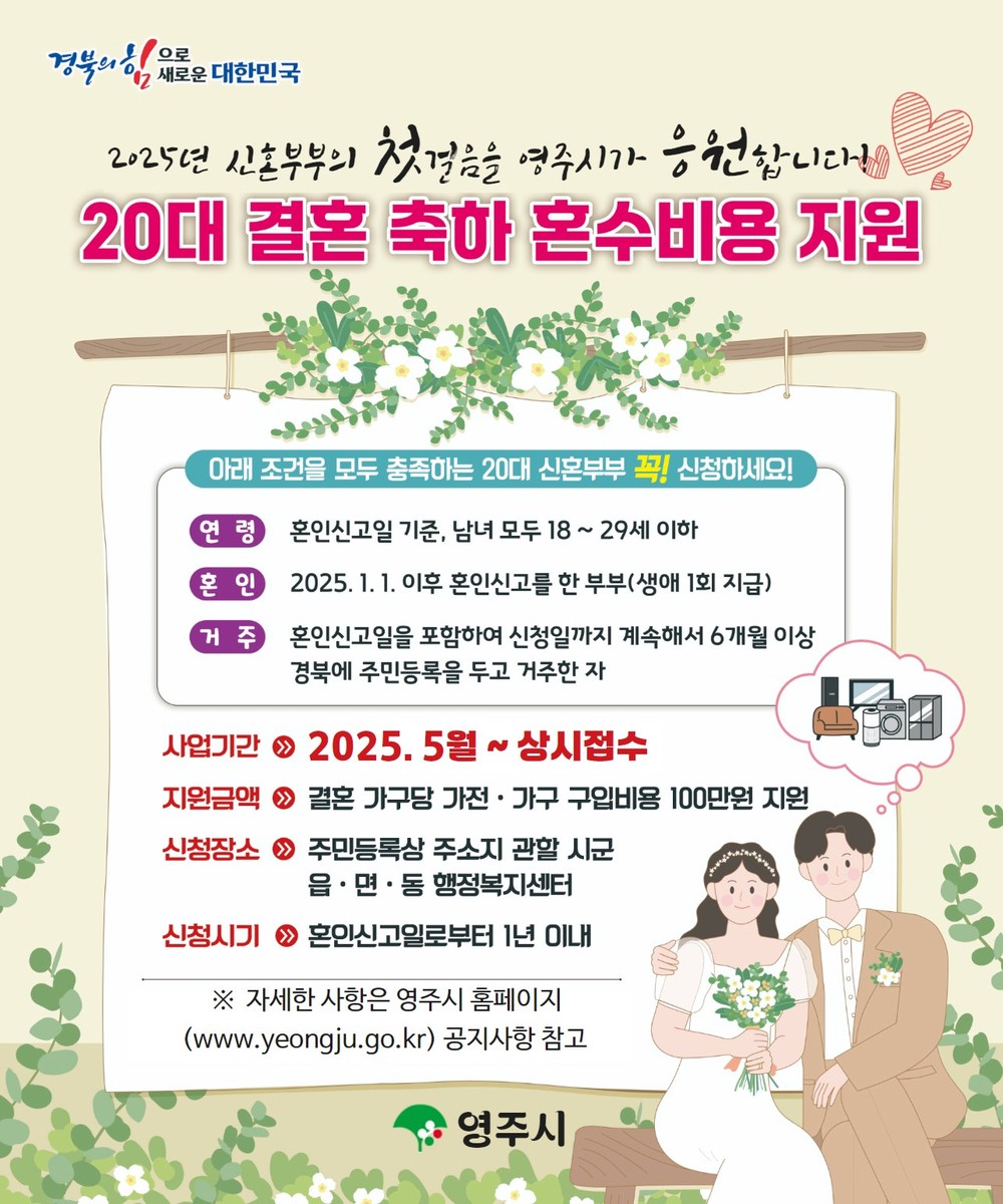 영주시, 20대 결혼 부부에 혼수비용 지원