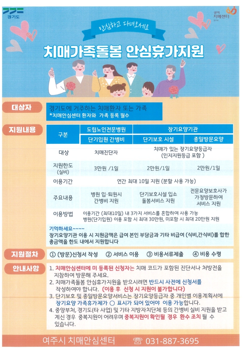 여주시치매안심센터, 치매환자돌봄서비스 비용 지원