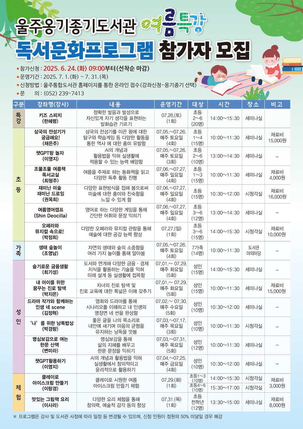 울주옹기종기도서관, 여름특강 독서문화프로그램 운영