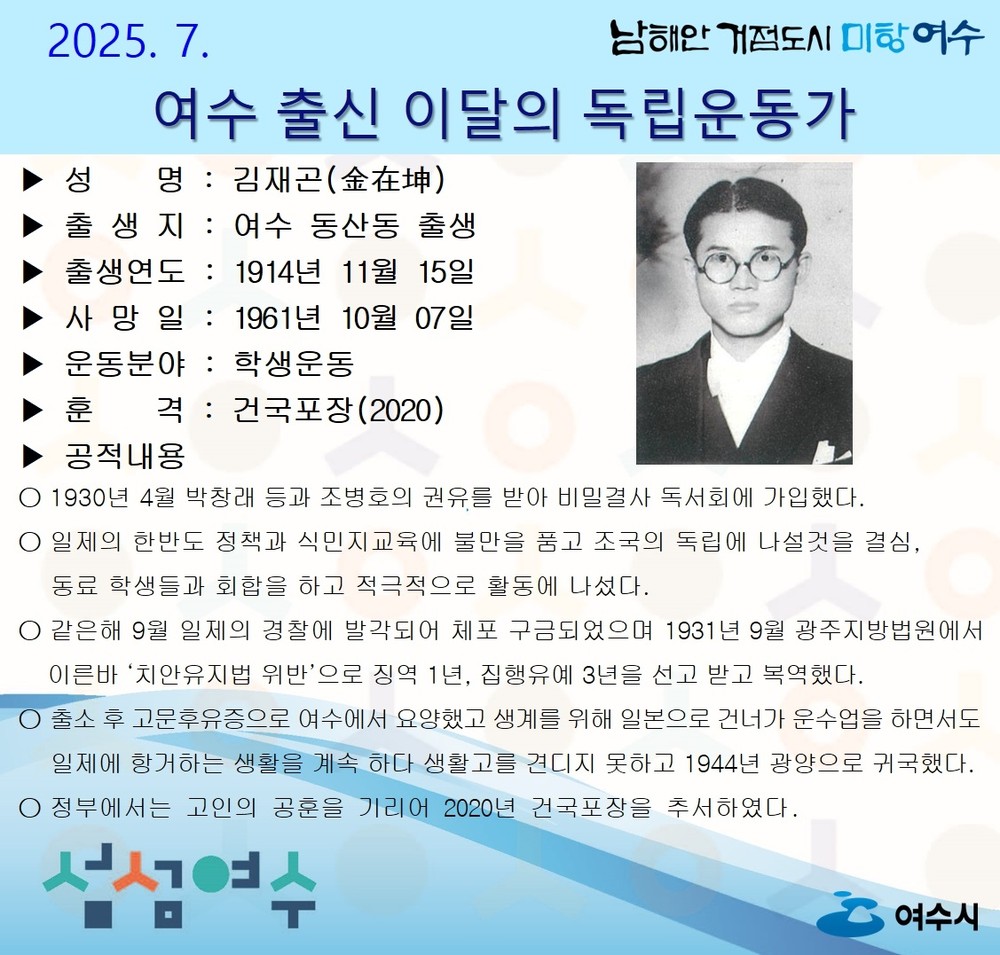 여수시, 7월의 독립운동가 동산동 태생 ‘김재곤 선생’ 선정