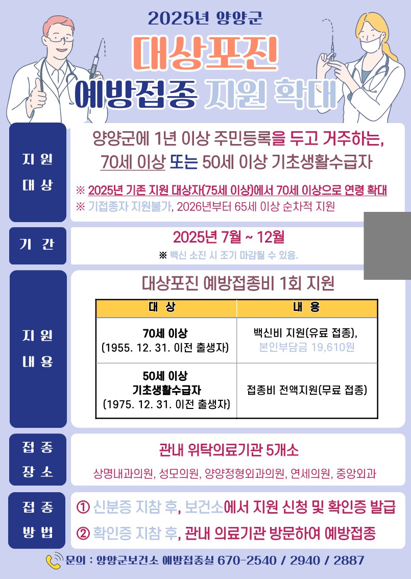 양양군, 하반기 70세 이상 대상포진 예방접종 지원 확대 추진