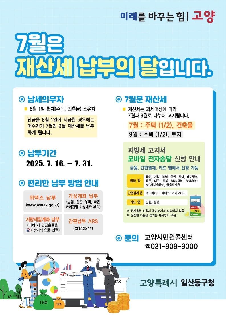 고양시 일산동구, 7월 정기분 재산세 442억 원 부과